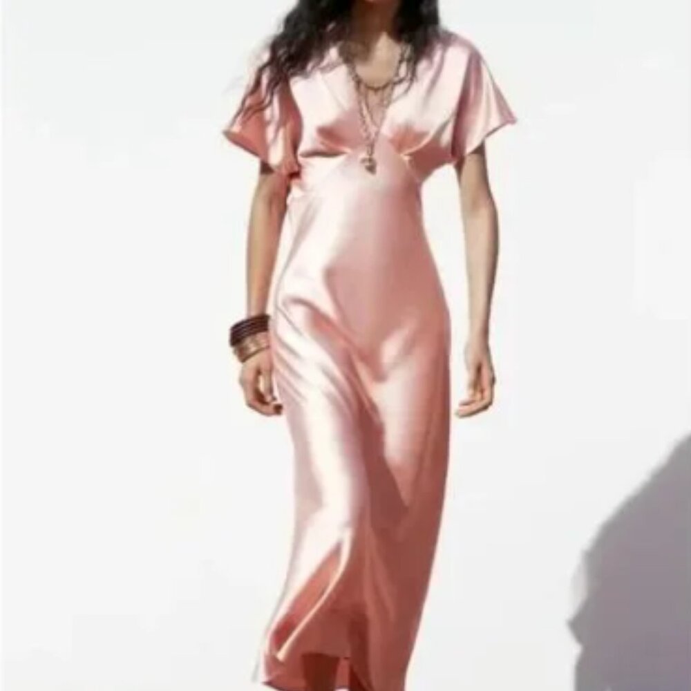 Zara Blush Pink Satin Effect Midi Short Sleeve Dress Size Medium NWT
